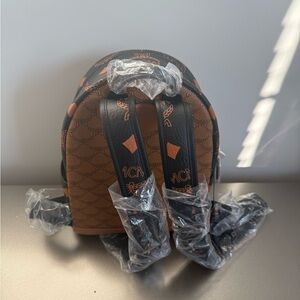 MCM Cognac and Black Logo Backpack